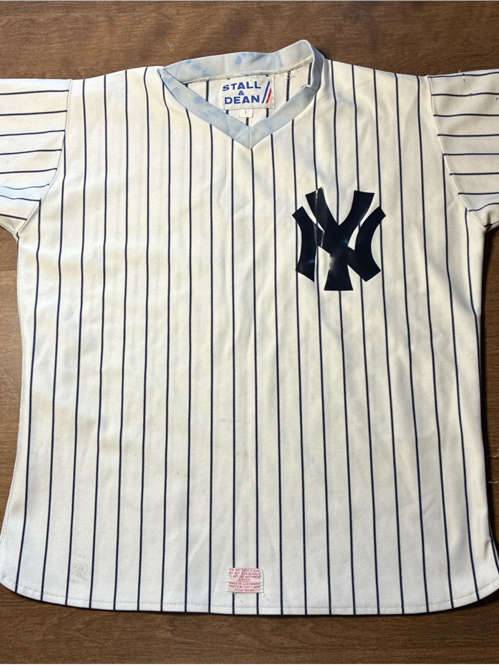 Stall & Dean Men’s White Navy Pinstripe Baseball Jersey